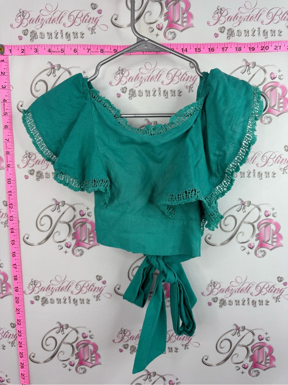 SHEIN top Teal Crochet Trim Off-Shoulder Tie-Back Tank Top